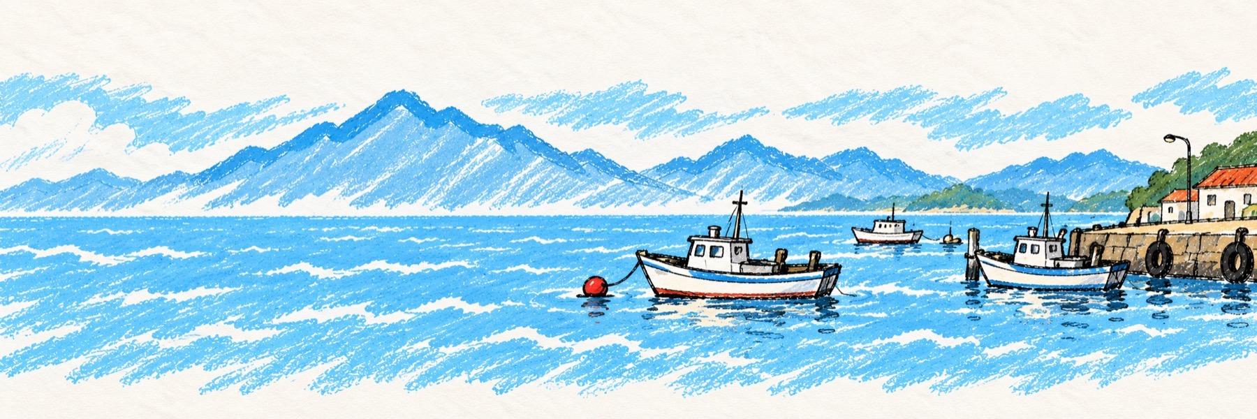 Crayon drawing of a calm harbor with blue mountains and small fishing boats